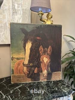 Peinture Ancienne Représentant Un Cheval Et Son Poulin, Huile Sur Toile