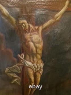 Peinture Ancienne XIX Ème S, Huile Sur Toile Christ, Religion
