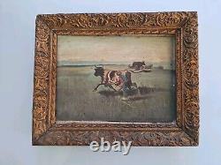 Peinture Ancienne huile sur Bois Miniature Scène Animal Vaches et fermiers