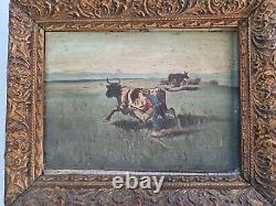 Peinture Ancienne huile sur Bois Miniature Scène Animal Vaches et fermiers