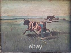 Peinture Ancienne huile sur Bois Miniature Scène Animal Vaches et fermiers