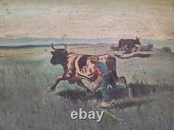Peinture Ancienne huile sur Bois Miniature Scène Animal Vaches et fermiers