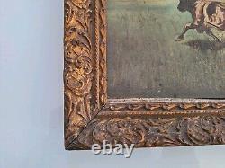 Peinture Ancienne huile sur Bois Miniature Scène Animal Vaches et fermiers