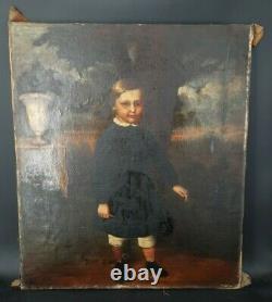 Peinture Ancienne, huile sur toile XIX ème, représentant un enfant dans un parc