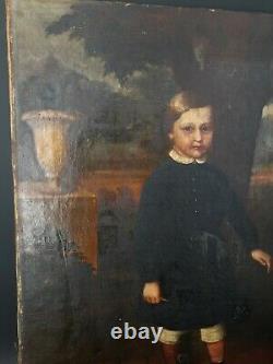 Peinture Ancienne, huile sur toile XIX ème, représentant un enfant dans un parc