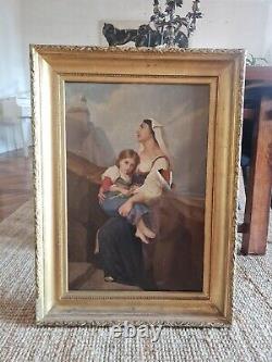 Peinture Ancienne, huile sur toile, femme et son enfant XIX ème s cadre doré