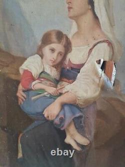 Peinture Ancienne, huile sur toile, femme et son enfant XIX ème s cadre doré