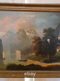 Peinture Ancienne, huile sur toile paysage de montagne