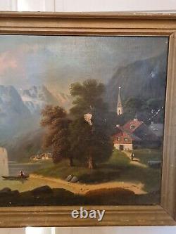 Peinture Ancienne, huile sur toile paysage de montagne