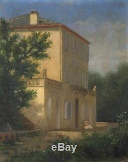 Peinture Ancienne originale huile sur toile Maison été avec une femme