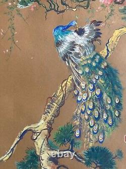 Peinture Gouache Sur Carton Paon Oiseaux Animal Arbre Dessin Art Ancien 1920