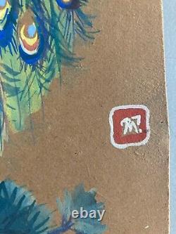 Peinture Gouache Sur Carton Paon Oiseaux Animal Arbre Dessin Art Ancien 1920
