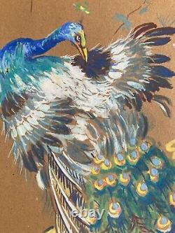 Peinture Gouache Sur Carton Paon Oiseaux Animal Arbre Dessin Art Ancien 1920