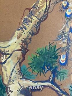Peinture Gouache Sur Carton Paon Oiseaux Animal Arbre Dessin Art Ancien 1920
