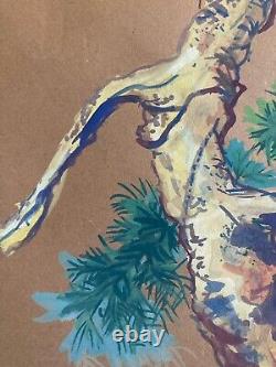 Peinture Gouache Sur Carton Paon Oiseaux Animal Arbre Dessin Art Ancien 1920