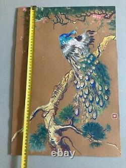 Peinture Gouache Sur Carton Paon Oiseaux Animal Arbre Dessin Art Ancien 1920