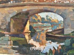 Peinture Huile Bois 1950 paysage impressionniste Pointillisme Ancien Painting