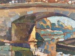 Peinture Huile Bois 1950 paysage impressionniste Pointillisme Ancien Painting