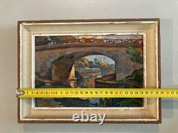 Peinture Huile Bois 1950 paysage impressionniste Pointillisme Ancien Painting