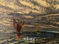 Peinture Huile Sur Toile 1920 Mer Océan Bateau Marine Ancien Art A Identifier