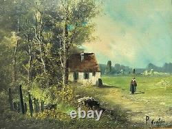 Peinture Huile Sur Toile Ancien Style École Barbizon Cadre Doré Moulures