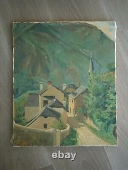 Peinture Huile Sur Toile Ancien Village De Montagne Pyrenees Ariege Deco 8f