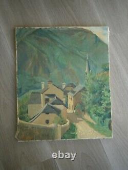 Peinture Huile Sur Toile Ancien Village De Montagne Pyrenees Ariege Deco 8f
