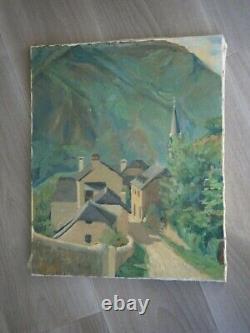Peinture Huile Sur Toile Ancien Village De Montagne Pyrenees Ariege Deco 8f