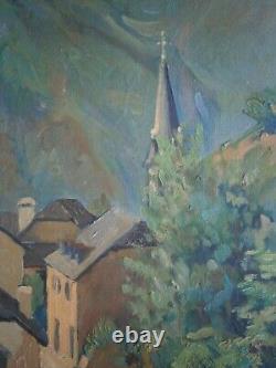 Peinture Huile Sur Toile Ancien Village De Montagne Pyrenees Ariege Deco 8f