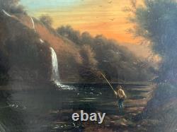 Peinture Huile Sur Toile Peche Pêcheur Rivière À Identifier Paysage XIXe Ancien