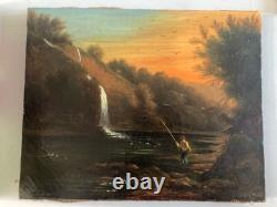 Peinture Huile Sur Toile Peche Pêcheur Rivière À Identifier Paysage XIXe Ancien