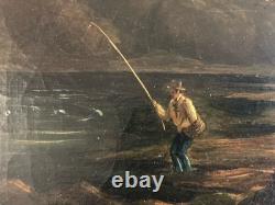 Peinture Huile Sur Toile Peche Pêcheur Rivière À Identifier Paysage XIXe Ancien