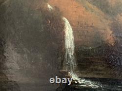Peinture Huile Sur Toile Peche Pêcheur Rivière À Identifier Paysage XIXe Ancien