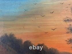 Peinture Huile Sur Toile Peche Pêcheur Rivière À Identifier Paysage XIXe Ancien