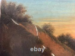 Peinture Huile Sur Toile Peche Pêcheur Rivière À Identifier Paysage XIXe Ancien