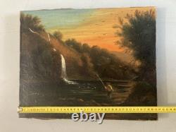 Peinture Huile Sur Toile Peche Pêcheur Rivière À Identifier Paysage XIXe Ancien