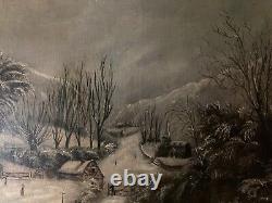 Peinture Huile Sur Toile Scène De Village Neige W H Fletcher Paysage XIXe Ancien