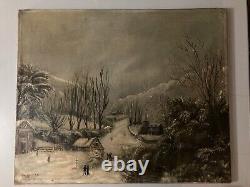 Peinture Huile Sur Toile Scène De Village Neige W H Fletcher Paysage XIXe Ancien