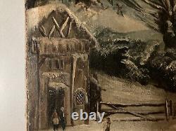 Peinture Huile Sur Toile Scène De Village Neige W H Fletcher Paysage XIXe Ancien