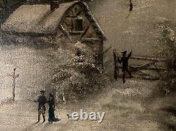 Peinture Huile Sur Toile Scène De Village Neige W H Fletcher Paysage XIXe Ancien