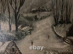 Peinture Huile Sur Toile Scène De Village Neige W H Fletcher Paysage XIXe Ancien