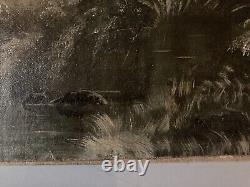 Peinture Huile Sur Toile Scène De Village Neige W H Fletcher Paysage XIXe Ancien