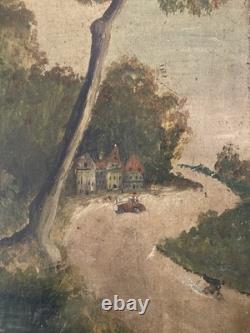 Peinture Huile Sur Toile Voiture Vélo Course 1900 Art Naïf Brut Painting Ancien