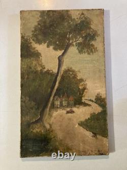 Peinture Huile Sur Toile Voiture Vélo Course 1900 Art Naïf Brut Painting Ancien