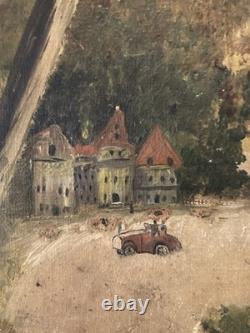 Peinture Huile Sur Toile Voiture Vélo Course 1900 Art Naïf Brut Painting Ancien
