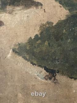 Peinture Huile Sur Toile Voiture Vélo Course 1900 Art Naïf Brut Painting Ancien