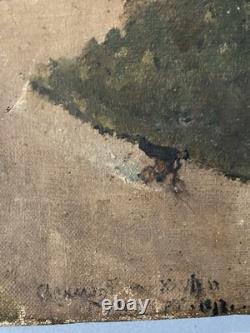 Peinture Huile Sur Toile Voiture Vélo Course 1900 Art Naïf Brut Painting Ancien