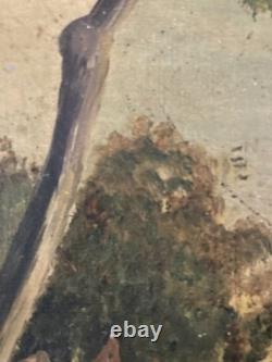 Peinture Huile Sur Toile Voiture Vélo Course 1900 Art Naïf Brut Painting Ancien
