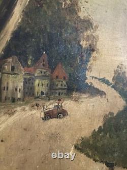 Peinture Huile Sur Toile Voiture Vélo Course 1900 Art Naïf Brut Painting Ancien