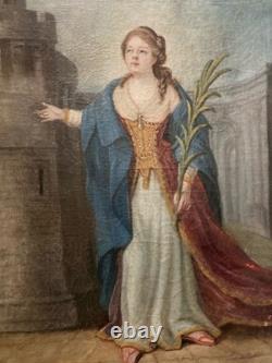 Peinture Huile Sur Toile XVIIIe Ancien Portrait Sainte Barbe Ursule Ruines Art